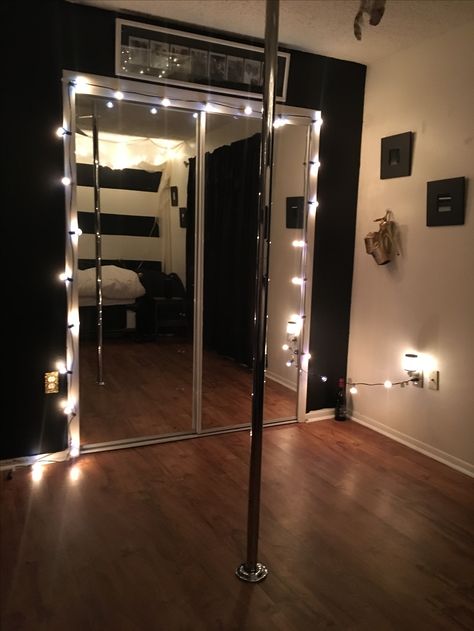 Home pole studio Xpole + Target lights 8in. Gold pleasers Strip Pole In House, Pole Studio Decor, Pole Bedroom Ideas, Pole Home Studio, Dancing Pole In House, Pole Room Ideas Bedrooms, At Home Pole Dance Room, At Home Dance Room, Pole Dancing Studio