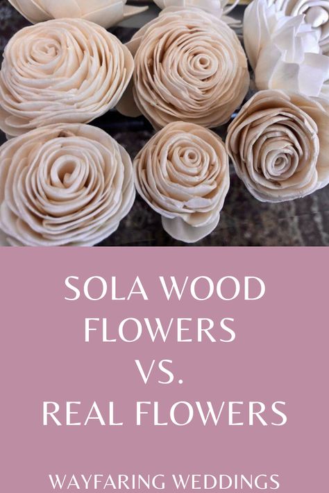 If you’re considering using sola wood flowers for your wedding, great! That’s exciting! But you may have many questions about how they look and feel in comparison to real flowers if you’ve only seen pictures of them and have never seen or touched sola wood in person.   After ordering and playing with many sola wood flowers in preparation for my own wedding, here’s what I’ve found out... Wood Roses How To Make, Wooden Wedding Flower Bouquets, Trader Joe’s Wood Flowers, Wood Flower Bridal Bouquet, Solawood Flowers Making, Wooden Flowers Wedding Bouquets, Solawood Flowers Wedding Ideas, Wooden Wedding Flowers, Diy Wood Flowers