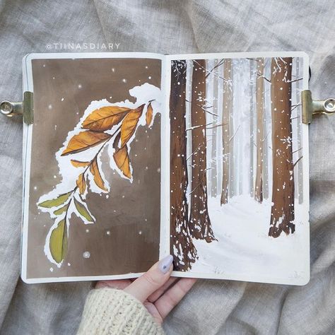 Winter Art Watercolor, Winter Gouache, Gouache Autumn, Gouache Christmas, Winter Sketchbook, Autumn Sketchbook, Winter Sketch, Winter Drawing Ideas, Drawing Winter