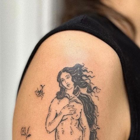 eugénie ✷ on Instagram: "thanks Melissa for this project! The birth of Venus, Botticelli 🐚 @studiocitronrose" Birth Of Venus Costume, Kiss The Earth That Birthed You Tattoo, Venus Statue Tattoo, Venus Tattoo Design, Venus Tattoo Goddess, The Birth Of Venus Tattoo, Venus Symbol Tattoo, Birth Of Venus Tattoo, Birth Of Venus Art