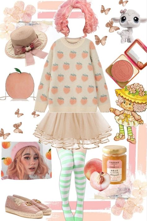 Peach Clothes Cute Outfits, Strawberry Shortcake Peach Blush, Peach Blush Strawberry Shortcake, Peach Aesthetic Outfit, Peach Inspired Outfit, Peach Outfit Aesthetic, Strawberry Shortcake Cosplay, 80s Strawberry Shortcake, Polyvore Aesthetic