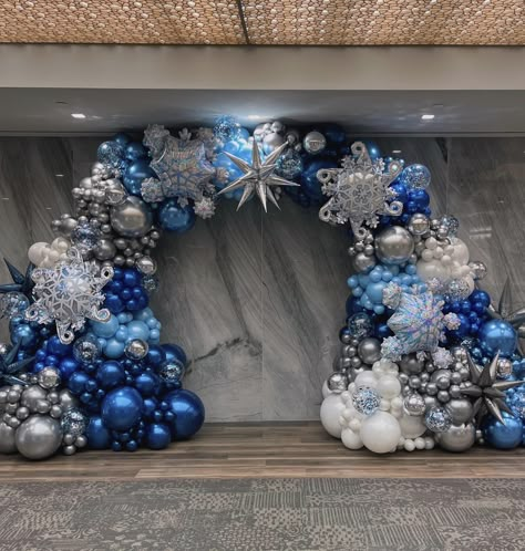 Winter Wonderland Balloon Arch and Garland by Capri & Eros Occasions Houston Christmas Theme Balloon Arch, Winter Formal Themes Ideas, Icy Party Theme, Winter Wonderland Ball Decorations, Winter Ballon Arch, Winter Wonderland Corporate Event, Balloon Arch Winter Wonderland, Winter Wonderland Balloon Backdrop, Winter Balloon Decorations