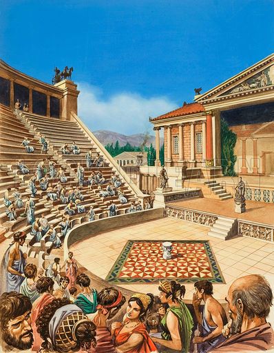 Greek theatre, picture, image, illustration Theatre Illustration, Ancient Greek Theatre, Greek Theatre, Peter Jackson, Classical Period, Empire Romain, Greek Philosophers, Ancient Greek Architecture, Classical Antiquity