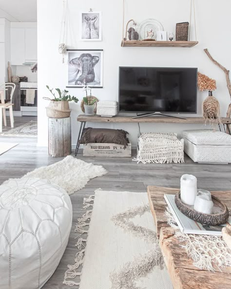 White And Grey Boho Living Room, Living Room Decor With Grey Flooring, Boho Bedroom Gray Floor, Modern Rustic Living Room Grey Floors, Grey Flooring Living Room Furniture Boho, Grey Floor Home Design, Neutral Living Room With Grey Floors, Grey And Boho Living Room, Bedroom Ideas With Gray Flooring