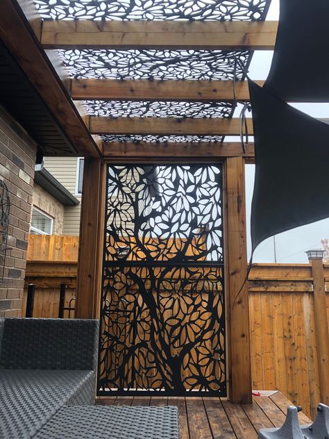 "These decorative metal deck screens will add incredible beauty to any home decor. This series is definitely multi purpose, can be used outdoors as a fence insert, deck screen, railing insert gazebo sides, pergola or use indoors as metal wall art, room dividers, railings and so much more.  Use your imagination when it comes to these decorative metal panels.  Made from 14 gauge ( 1/16\" ) steel and powder coated in black ( other colours available for an additional charge ).  We currently have ove Art Deco Panel, Fireplace Patio, Deco Panel, Bamboo Panels, Patio Privacy, Privacy Walls, Privacy Screen Outdoor, Backyard Remodel, Privacy Panels