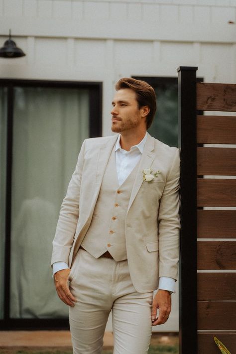 This groom looked dashing in hi beige suit. | Image by Hand and Heart Photography Wedding Suits Groom Cream, Wedding Suits Groom Beige, Light Beige Groom Suit, Creme Suit Wedding, Groom Suit Light, Groom Suit Beige, Beige Suit Wedding, Beige Unstitched Wedding Suit, Beige Groom Suit