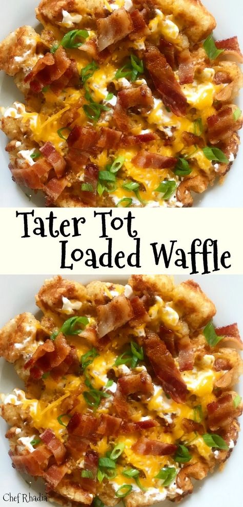 Waffle Maker Dinner Recipes, Waffles With Bacon, Loaded Potato Waffles, Tater Tots In Waffle Iron, Tator Tot Waffle Iron Recipes, Waffle Side Dishes, Savory Stuffed Waffles, Savory Waffle Ideas, Savory Waffle Iron Recipes