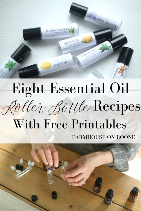 Eight Essential Oil Roller Bottle Recipes With Free Printables Oil Roller Bottle Recipes, Free Printables Christmas, Farmhouse On Boone, Essential Oil Roller Bottle Recipes, Roller Bottle Recipes, Helichrysum Essential Oil, Essential Oil Roller Balls, Essential Oils Gifts, Essential Oil Roller Bottle