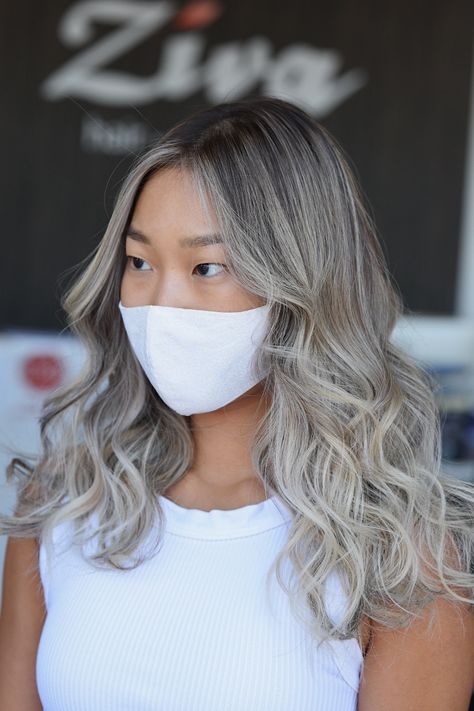 Ash Blonde Medium Length Hair, Medium Length Hair With Curls, Cool Toned Balayage, Ash Blonde Highlights On Dark Hair, Toned Balayage, Silver Balayage, Hair With Curls, Ash Blonde Hair Balayage, Medium Length Blonde Hair