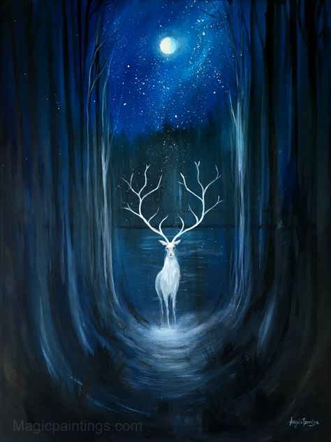 Magical Paintings, Paint Inspo, Moon Photography, Magical Art, The Messenger, Fantasy Paintings, Fairytale Art, Art Et Illustration, A Deer