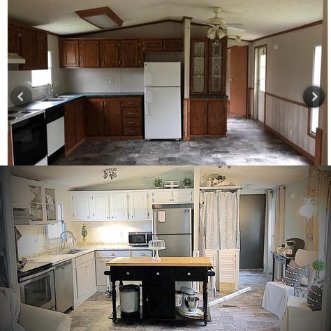 @thefrenchcottage2 on Instagram: “Before and after...see those little shutter doors? Those will be cut off and painted and hung on the bottom of our “little” pantry...now to…” Mobile Home Makeovers Doublewide, Doublewide Remodel, Trailer Remodel Single Wide, Mobile Home Single Wide, Double Wide Remodel, Mobile Home Remodel, Remodel Mobile Home, Mobile Home Kitchen, Mobile Home Makeovers