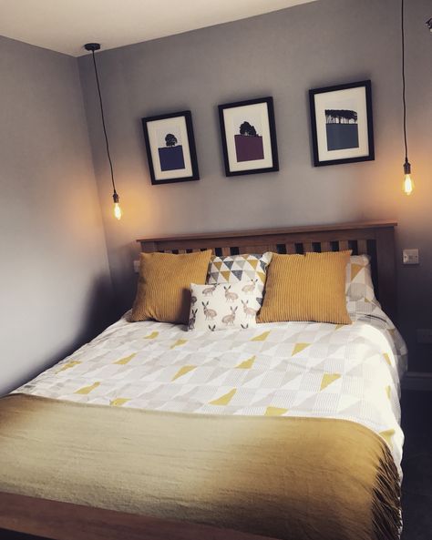 Grey and mustard yellow bedroom, Aztec, retro lightbulb Dark Oak Bedroom, Mustard Yellow Bedroom, Mustard Yellow Bedrooms, Oak Bedroom, Yellow Bedroom, Black Bedroom, Mustard Yellow, Kids Bedroom, Dorm Room