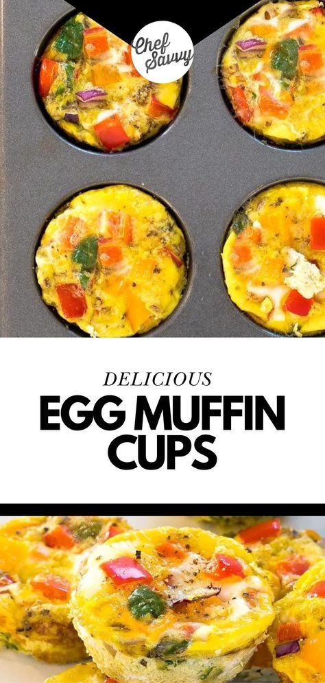 Save this Gluten Free and Healthy Egg Muffin Cups Recipe! These Egg Muffin Cups are a great way to meal-prep a healthy breakfast or snack and keep it stocked in your freezer any time you need it! These veggie egg muffin cups are loaded with bell peppers, onions, spinach and spices. Follow Chef Savvy for more Easy Meal Prep recipes! Egg And Bell Pepper Breakfast, Best Egg Muffins Breakfast, Egg Casserole In Muffin Cups, Easy Egg Cups Breakfast Muffins, Egg In Muffin Tin, Egg Bites Muffin Tins, Egg Muffin Cups Healthy, Veggie Egg Muffins, Egg Breakfast Muffins