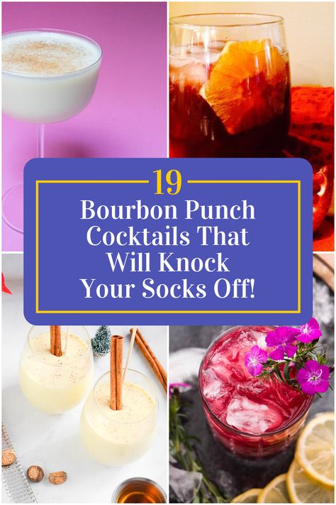 Collage of 4 bourbon punch cocktails. Burbon Drinks, Punch Cocktail Recipes, Bourbon Milk Punch, Cranberry Juice Detox, Bourbon Punch, Best Bourbon, Bourbon Smash, Punch Cocktails, Party Punch Recipes