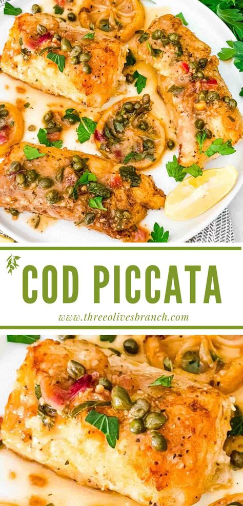 Italian Chicken Piccata, Cod Piccata Recipe, Cod Piccata, Poached Fish Recipes, Italian Fish Recipes, Cod Recipes Healthy, Cod Fillet Recipes, Filet Recipes, Capers Recipe