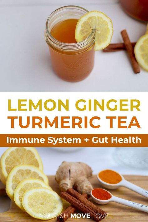 Skip the eye-watering shots of apple cider vinegar and start your day with this Lemon Ginger Turmeric Tea. A homemade DETOX TEA RECIPE (only 5 ingredients) that supports your immune system and maintains a healthy digestive system. And a great home remedy for a cold, sore throat or sinus infection! Ginger Lemon Tea Recipe, Lemon Ginger Turmeric Tea, Lemon Ginger Tea Benefits, Cold Tea Recipes, Lemon Tea Benefits, Homemade Ginger Tea, Ginger Turmeric Tea, Lemon Ginger Turmeric, Turmeric Tea Benefits