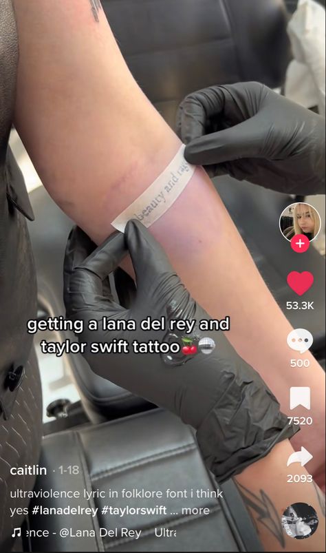 credits to @caitsjxo on tiktok Lana Del Rey, Beauty And Rage Tattoo, Lana And Taylor, Rage Tattoo, Lana Del Rey Tattoos, Swift Tattoo, Taylor Swift Tattoo, M Tattoos, Lana Del Rey Love