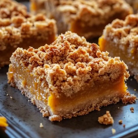 Pumpkin Pie Crumble Bars with a buttery crust, creamy pumpkin filling, and crunchy oat topping. The perfect easy fall dessert! Gluten Free Peach Dessert, Crumble Desserts, Peach Crumble Bars, Apple Crisp Bars Recipe, Cozy Baking, Crumble Recipes, Showstopper Dessert, Apple Crumb Cakes, Almond Butter Brownies