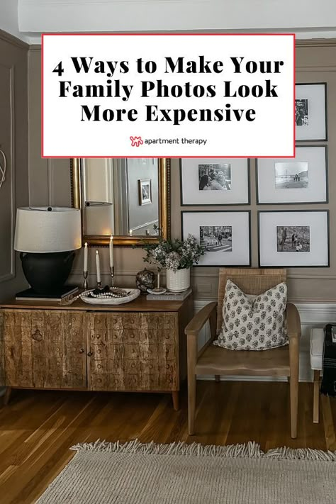 Check out four easy tips to make your family photos look more expensive and display-worthy, for only $35. Family Photos In House Ideas, Gallery Wall For Family Photos, How To Decorate With Photos, Family Photos In Entryway, Entryway Table Gallery Wall, Entry Way Family Photos, How To Incorporate Family Photos Into Decor, Hallway Family Photo Gallery, Entrance Wall Art Ideas