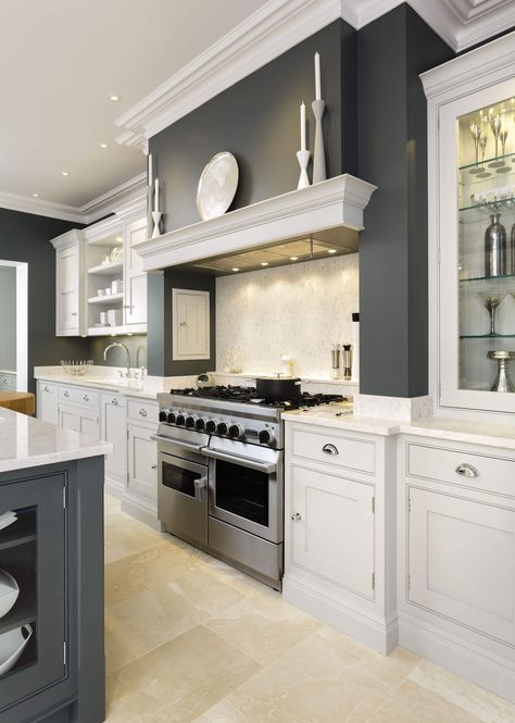 This sleek painted kitchen is a contemporary twist on a traditional shaker style featuring bespoke cabinetry and dark oak kitchen dresser. Kitchen Mantle, Tom Howley, Kitchen Dresser, Painted Kitchen, Kitchen Corner, Yellow Kitchen, Spacious Kitchens, Kitchen Diner, Open Plan Kitchen