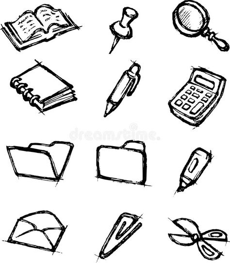 Office Objects Doodles stock illustration Object Doodles, Office Supplies Illustration, Office Objects, Stationary Items, Doodle Ideas, Object Drawing, Abstract Shapes, Doodle Art, Printmaking