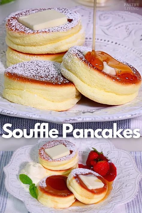 The ultimate guide to making fluffy Japanese souffle pancakes at home successfully. I'm sharing clear instructions with troubleshooting tips! Fluffy Moist Pancakes, Cloud Like Lemon Soufflé Pancakes, Japanese Style Pancakes, Breakfast Ideas With Pancakes, Egg Pancakes Recipe, How To Make Fluffy Pancakes, Steamed Pancakes, Things To Make With Bread, Japanese Pancakes Fluffy Recipe