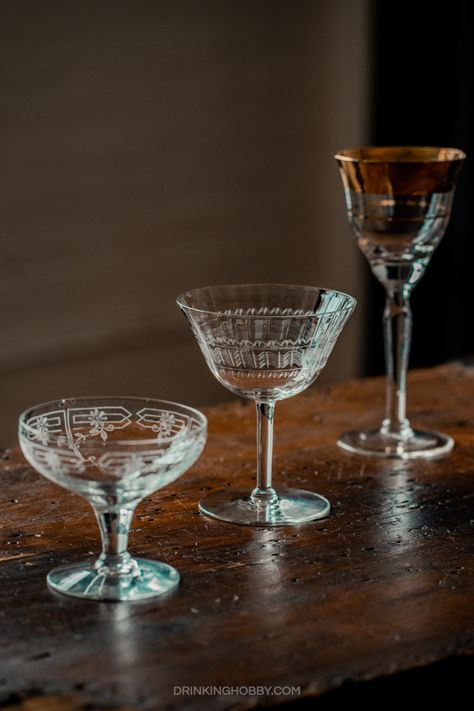 Gold rims, beautiful etching and delicate crystal are some of my favorite parts of hunting for old cocktail glasses. They are fun to drink out of and make your cocktails look instantly better. #Cheers #Cocktails #Vintage Tiki Glassware, 1920s Glassware, Goth Bar, Kitchen Props, Beautiful Cocktails, Material Studies, Vintage Cocktail Glasses, Vintage Champagne Glasses, Bar Equipment