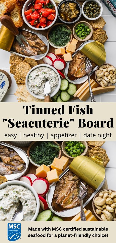 Pinterest graphic for tinned fish charcuterie board (or seacuterie) ideas. Fish Charcuterie Board, Dinner Party Appetizer, Dinner Party Appetizers, Seafood Pizza, Healthy Appetizers Easy, Tinned Fish, Canned Seafood, Fish Platter, Seafood Platter