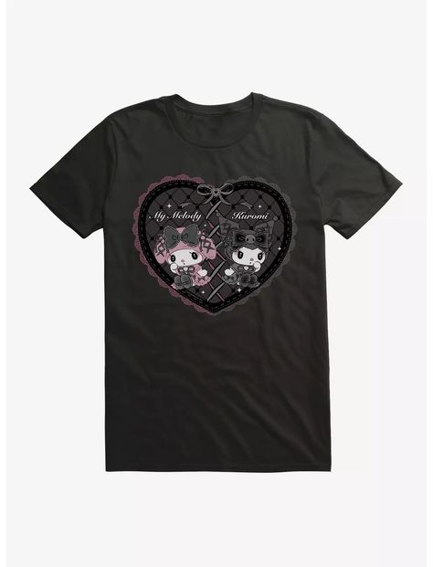 My Melody & Kuromi Black Lacey Heart T-Shirt Kuromi Shirt, Kuromi Black, Satin Black Dress, Kuromi Plush, Hot Topic Shirts, My Melody Kuromi, Tall Hoodies, Plush Backpack, Heart T Shirt