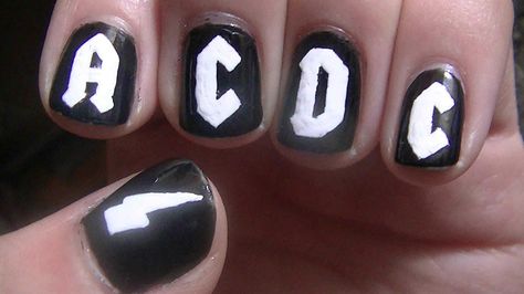 AC/DC nail art Acdc Nails, Rock Nails, Band Nails, Queen Nails, Punk Nails, Cute Acrylic Nail Designs, Polygel Nails, Pink Acrylic Nails, Nails Desing