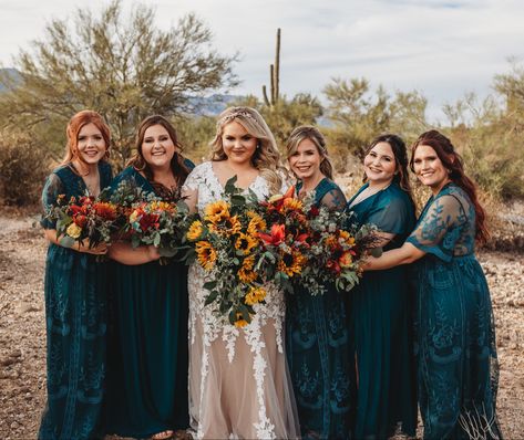 Teal Fall Wedding, Dark Teal Bridesmaid Dresses, Western Bridesmaid Dresses, Teal Wedding Theme, Dark Teal Weddings, Teal Blue Weddings, Wedding Teal, Fall Wedding Bridesmaids, Teal Bridesmaid