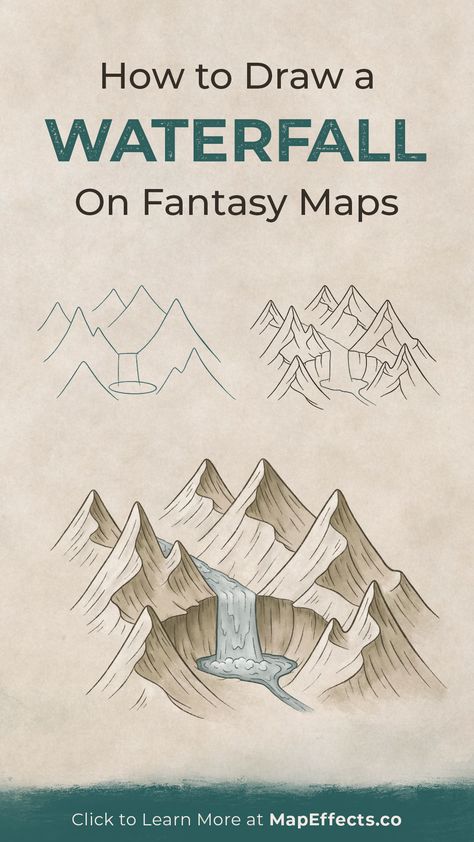 How to Draw a Waterfall on Your Fantasy Maps - Map Effects Tutorial - For Your Next RPG Campaign or Novel Fantasy Map Waterfall, Fantasy Map Art Ideas, Diy Fantasy Map, Rice Map, Map Drawing Ideas, Draw A Waterfall, Fantasy Map Drawing, Fantasy Map Drawing Ideas, Map Effects