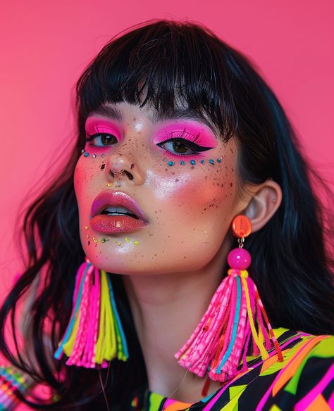 Photo of an edgy model with dark hair and bangs, pink eyeliner and colorful eyeshadow, wearing big tassels earrings and colorful outfit, posing for makeup brand in the style of psychedelic patterns, vibrant colorism, dolly kei, kawaii aesthetic, bold yet graceful, feminine curves, bold neon eye shadows, eyelash extensions Dark Hair And Bangs, Bright Color Makeup, Neon Pink Makeup, Big Tassels, Everyday Eyeshadow, Rainbow Eye Makeup, Neon Eyeshadow, Pink Eyeliner, Cut Bangs