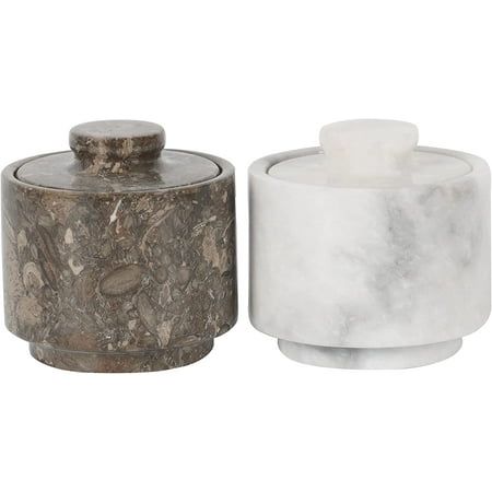 Keep salt and favorite spices always within arm's reach with the Marblous Kraft Set of 2 Marble Salt Box. This beautifully crafted 3" X 3" Salt Cellar is an ideal place to conveniently store handsome amount of table salt, gourmet salt, herbs or favorite seasonings in the kitchen. The swiveling lid design makes it easy for busy cooks to grab a pinch of seasoning with just one hand. This handy little storage box is great outside of the kitchen too: use it to store jewelry, office supplies, knickkn Jewelry Office, Elegant Kitchen Decor, Salt And Pepper Cellars, Tea Box Storage, Salt Container, Sugar Dispenser, Gourmet Salt, Salt And Pepper Grinders, Salt Box