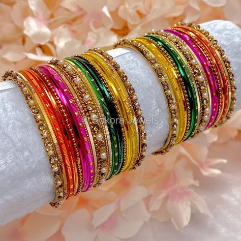 Small Mehndi Night Bangle set - SOKORA JEWELSSmall Mehndi Night Bangle setBANGLES Multicolour Bangles Set, Bangles Outfit, Small Mehndi, Antique Gold Bangles, Green Bangles, Mehndi Night, Wedding Jewelry Sets Bridal Jewellery, Colorful Bangles, Fancy Jewelry Necklace