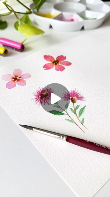 Shelja Sharma | Watercolor Artist | Art Educator on Instagram: "Watercolour Flowers for Beginners 🌺  Here are the steps to paint simple Loose florals with Watercolours :    1. Pre-wet your watercolours  2. Mix dark pink with a lot of water to make it light. The colour will have less pigment and look very light.  3. Leave the center of the flower as an oval. Use the flicking method to make small and big strokes around the center to form the flower petals using light pink colour.   4. When the first layer is slightly dry, add another layer of dark pink to create colour variations and depth.  5. Paint the center of the flower yellow. While the yellow is still wet, dab a little brown on one side for contrast. Add stems and leaves as you like.  And that’s it, your flowers are ready! 🌺  Art Su Water Colour Painting Beginner, Loose Floral Watercolor Painting, Flowers For Beginners, Loose Florals, Loose Watercolor Flowers, Watercolour Flowers, Flower Yellow, Light Pink Color, Art Flowers