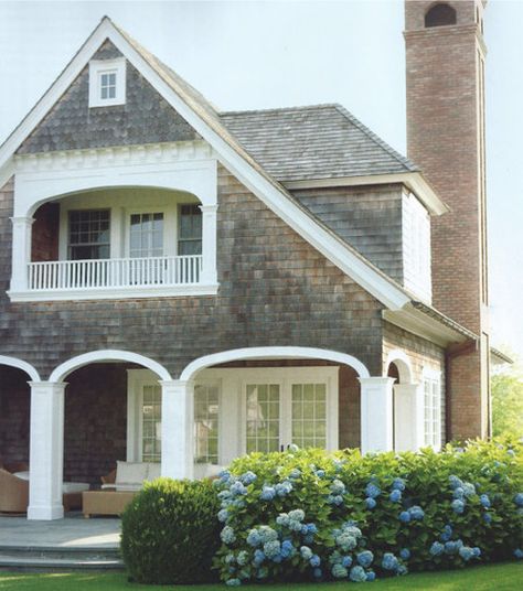 Shingle Style Home with Porches | feeling very nantucket,  Content in a Cottage Shingle Style Homes, Blue Hydrangeas, Cape Cod House, Casa Exterior, Beach Cottages, White Trim, Coastal Living, Nantucket, Home Fashion