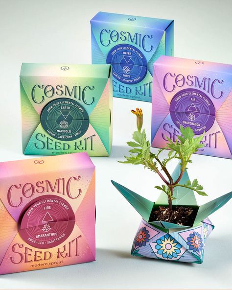 Connect to the cosmos by growing a flower inspired by your zodiac sign. Each zodiac sign is aligned with an element—Water, Fire, Air and Earth. As you unfold the box, you’ll discover the meaning behind your elemental garden. The box packaging can be refolded into an origami star pot for planting!ELEMENT: EarthPLANT SEED: MarigoldSIGNS: Taurus (4/20-5/20), Capricorn (12/22-1/19), Virgo (8/23-9/22) Earth signs are practical yet patient. You're driven and timely; sowing seeds for summer and patient Herbal Design, Capricorn Earth Sign, Package Design Ideas, Growing Marigolds, Christmas Gifts 2022, Icelandic Poppies, Garden Marker, Candle Party Favors, Designer Things