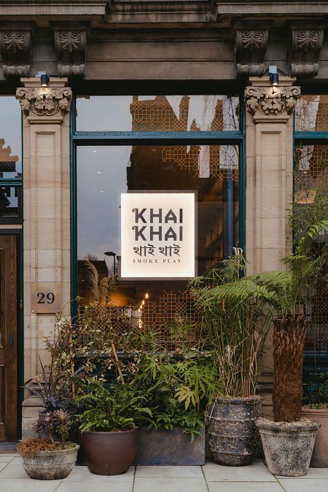 Khai Khai Restaurant Design - Run For The Hills Restaurant Signage Design, Brass Bar Stools, Restaurant Signage, Concave Mirrors, Hot Stones, Steel Lighting, Blackened Steel, Wayfinding Signage, Hospitality Design