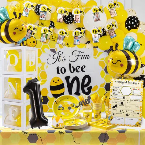 PRICES MAY VARY. 𝐀𝐋𝐋 𝐈𝐍𝐂𝐋𝐔𝐒𝐈𝐕𝐄 - 𝐎𝐍𝐄 𝐒𝐓𝐎𝐏 𝐒𝐇𝐎𝐏: Transform any space into a buzzing hive of bee-utiful colors with our 300+ pcs 1st birthday decorations. Includes decor boxes, bee backdrop, balloon arch, tablecloth, and cutlery. 𝐁𝐄𝐄-𝐃𝐀𝐙𝐙𝐋𝐄 𝐘𝐎𝐔𝐑 𝐆𝐔𝐄𝐒𝐓𝐒!: Make a buzz with our stylish bee decor boxes and backdrop in delightful yellow, white, and black. Baby girl or baby boy first birthday decorations that stand out! 𝐒𝐄𝐓 𝐓𝐇𝐄 𝐒𝐂𝐄𝐍𝐄 𝐅𝐎𝐑 𝐀𝐍 𝐔𝐍? Bumblebee Party, Matte Balloons, Bee Baby Shower Decoration, Bee Party Decorations, Bee Themed Birthday Party, Bee Balloon, Honey Bee Theme, Minnie Mouse Party Decorations, Bumble Bee Birthday