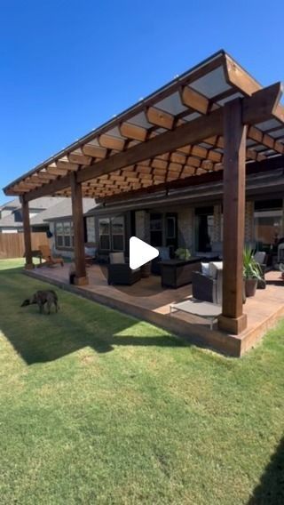 Pergola With Tinted Roof, Pergola Above Roof Line, Patio Roof Riser Ideas, Skylift Patio Cover, Pergola Patio Designs, Covered Pergola Attached To House, Pergola Roof Ideas, Pergola Designs Ideas, Covered Patios Attached To House