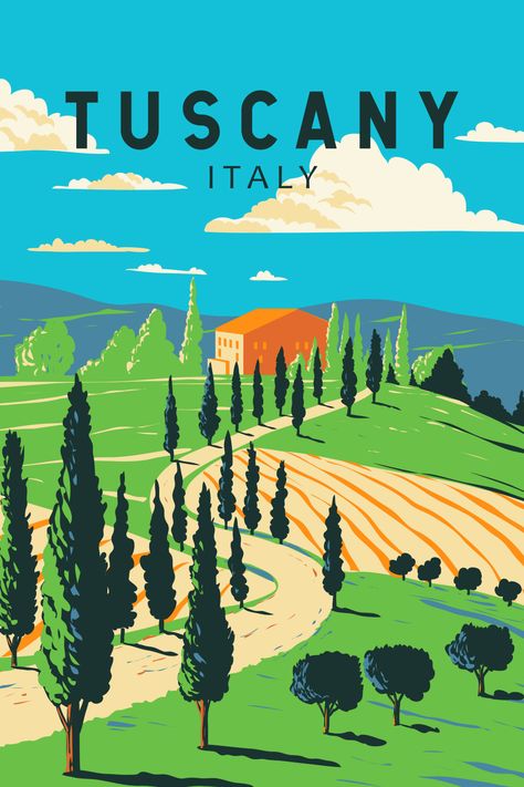 Retro art poster of Tuscany in Italy showcasing serene landscapes and timeless beauty. Tuscany Italy Vineyards, Tuscany Vineyard, Italy Illustration, Vintage Italian Posters, Vintage Postcards Travel, Italy Poster, Toscana Italia, Poster Decorations, Vector Art Design