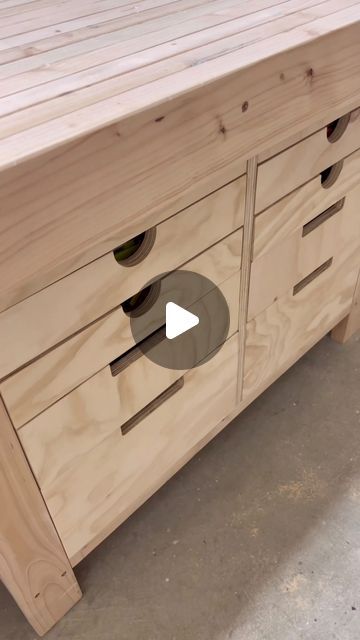 Raina Nicole Woodworks on Instagram: "Workbench build. 2x4 frame, plywood drawers and hardwood drawer slides. Super simple but durable  #Woodworking #dowoodworking #femalewoodworker #workshop #woodshop #toolsofthetrade #customfurniture #furnituremaker #howto" Diy Wood Drawer Slides, Workshop Drawers, Plywood Drawers, Wood Drawer Slides, Workbench With Drawers, Garage Organisation, Workbench Plans, Wood Drawers, Drawer Slides