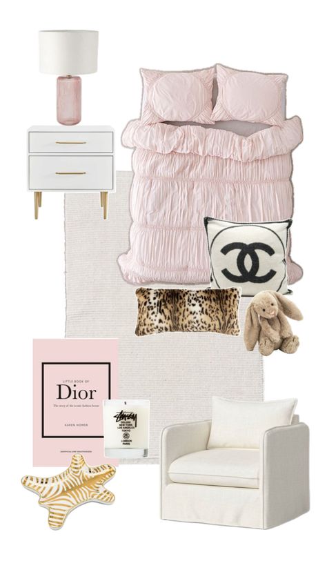 Bedroom Inspirations Pink And White, Girly Chic Bedroom, Girly Room Decor Ideas Bedrooms, Pink And Leopard Bedroom, Chic Room Aesthetic, White And Pink Bedroom Aesthetic, Cute Pink Room Ideas, Colour Bedroom Ideas, Room Inspo Apartment