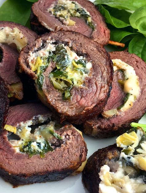 Elk Steak Roulade with Artichoke Hearts | Wild Game Cuisine - NevadaFoodies Steak Roulade, Elk Meat Recipes, Wild Game Dinner, Cooking Venison Steaks, Elk Steak, Grilling Steaks, Roulade Recipe, Elk Recipes, Deer Recipes