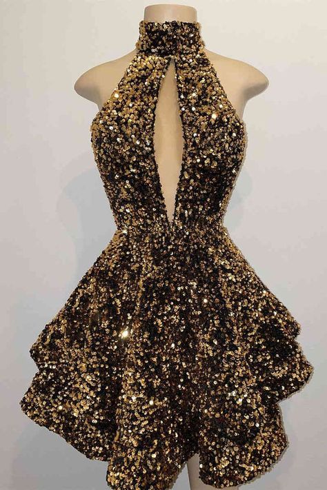 High Neck Key-Hole Gold Sequins Short Party Dress Gold Homecoming Dress, Cocktail Dresses For Women, Prom Dress Pictures, Sequin Homecoming Dress, Cocktail Dress Prom, Long Prom Gowns, Mermaid Bridesmaid Dresses, Sweetheart Prom Dress, Short Party Dress