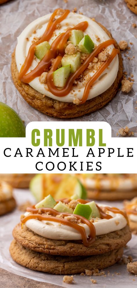 Fall Baking Challenge, Caramel Cream Cheese Frosting, Crumbl Copycat, Apple Cookies Recipes, Crumble Cookie Recipe, Caramel Apple Cookies, Baking Challenge, Fall Cookie Recipes, Crumble Cookie