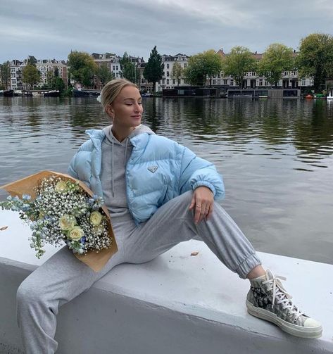 @badest.outfits on Instagram: “baby blue prada puffer jacket” Blue Puffer Jacket Outfit, Cropped Puffer Jacket Outfit, Light Blue Puffer Jacket, Blue Hoodie Outfit, Puffer Jacket Outfits, Winter Jacket Outfits, Light Blue Jacket, Puffer Jacket Outfit, Blue Puffer Jacket