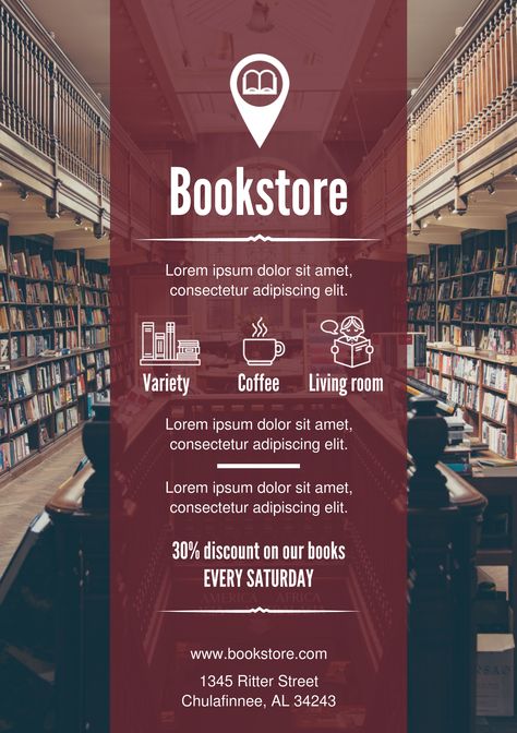 Bookstore A5 promotional flyer. http://premadevideos.com/a5-flyer-template-gallery/ Bookstore Flyer Design, Bookstore Promotion Ideas, Book Flyer Design, Bookstore Poster Design, Book Event Poster, Book Launch Poster Design, Library Brochure, Bookshop Café, Books Poster