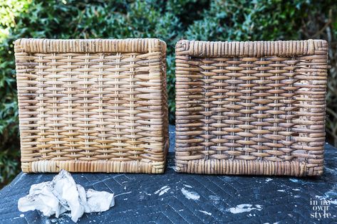 Stain Wicker Furniture, How To Stain Wicker Furniture, How To Stain Wicker Baskets, Staining Wicker Baskets, Natural Wicker Paint Color, White Wash Wicker Diy, How To Paint Wicker Baskets, Bleaching Wicker Basket Diy, Staining Baskets